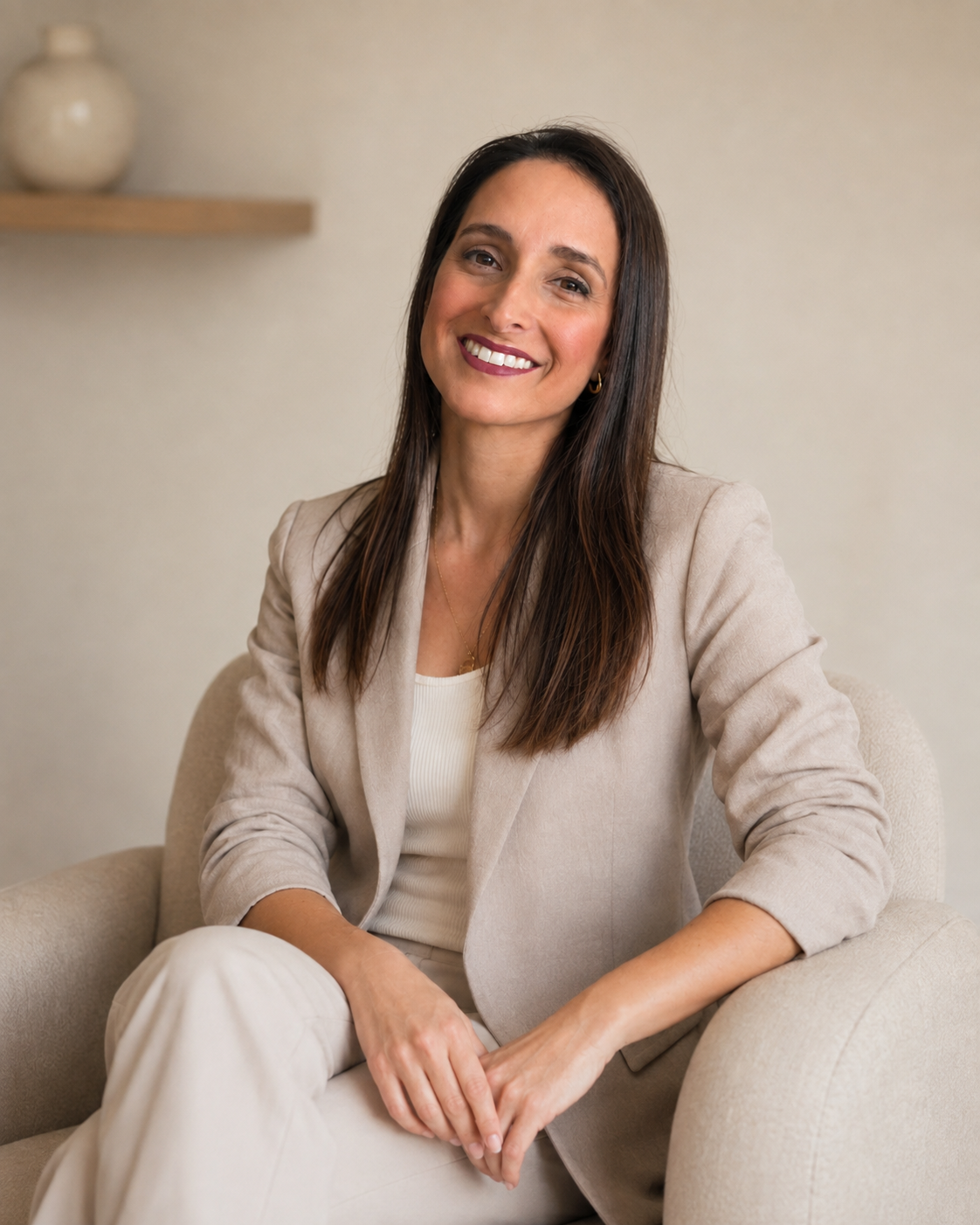 Silvia Ruiz, asistente virtual, sentada en un sillón sonriendo a cámara